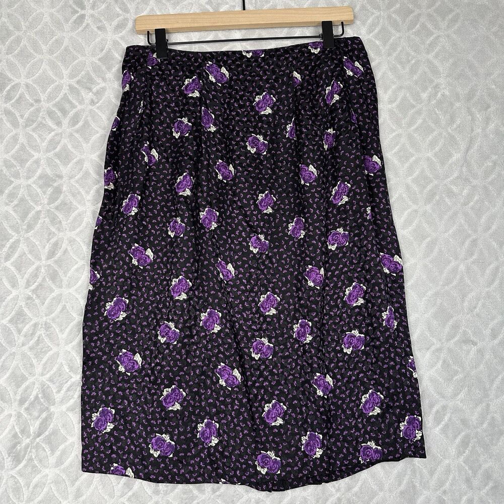 Vtg 100% Silk Skirt 14 Black Purple Floral Retro Old Money Corpcore Goth 80s 90s